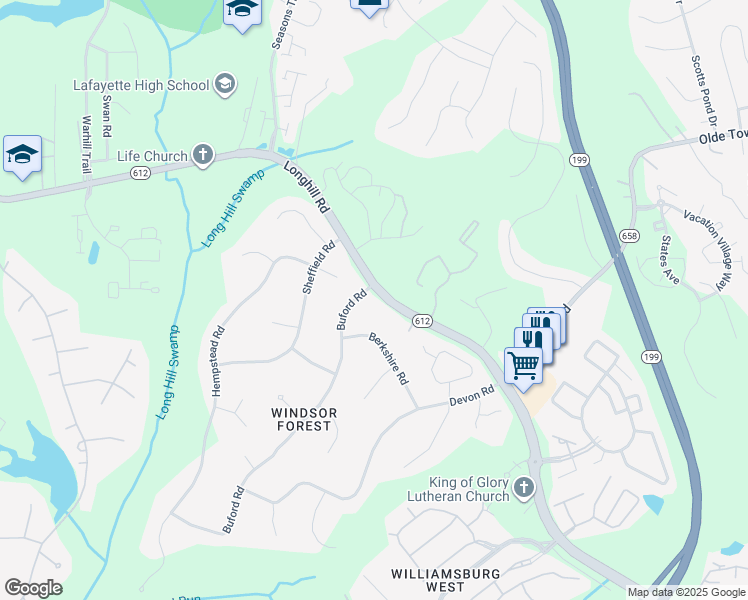 map of restaurants, bars, coffee shops, grocery stores, and more near 1 Buford Road in Williamsburg
