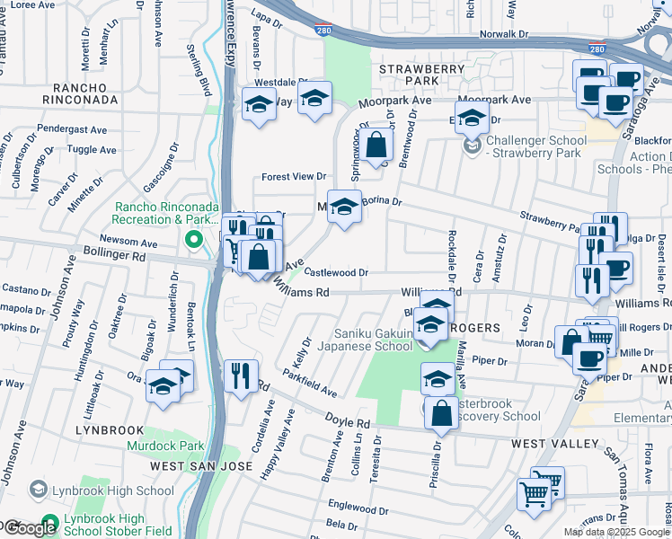 map of restaurants, bars, coffee shops, grocery stores, and more near 4977 Castlewood Drive in San Jose