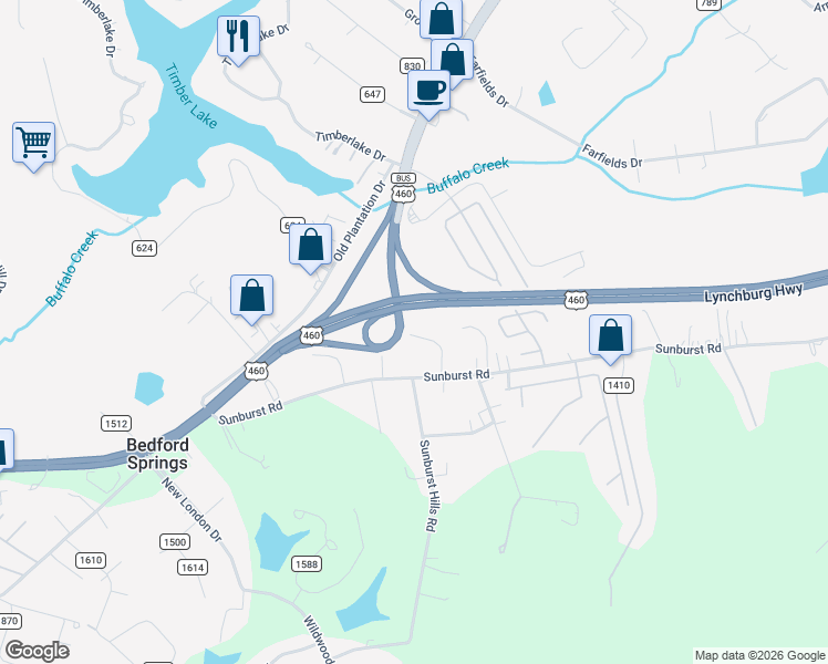 map of restaurants, bars, coffee shops, grocery stores, and more near 2133 Sunburst Road in Evington
