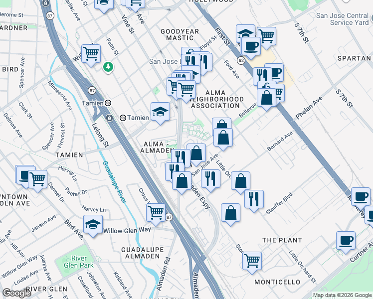 map of restaurants, bars, coffee shops, grocery stores, and more near 1640 La Rossa Circle in San Jose