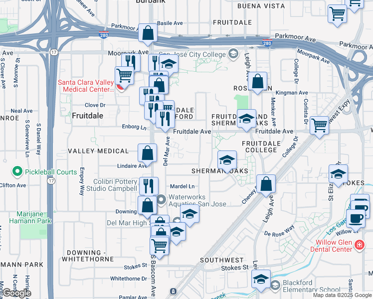 map of restaurants, bars, coffee shops, grocery stores, and more near 2041 Beatrice Court in San Jose