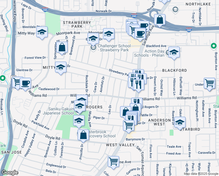 map of restaurants, bars, coffee shops, grocery stores, and more near 978 Pinewood Drive in San Jose