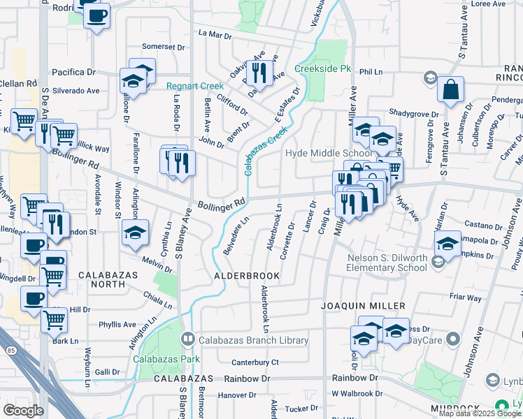 map of restaurants, bars, coffee shops, grocery stores, and more near 1023 Belvedere Lane in San Jose