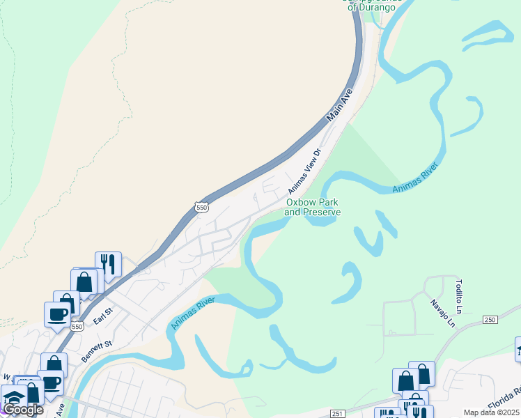 map of restaurants, bars, coffee shops, grocery stores, and more near 457 Animas View Drive in Durango