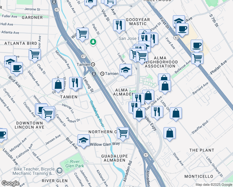map of restaurants, bars, coffee shops, grocery stores, and more near in San Jose