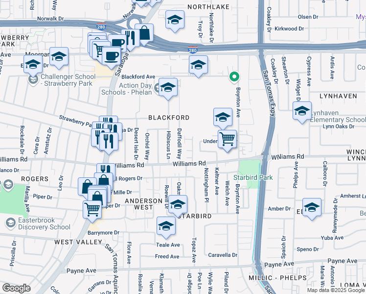 map of restaurants, bars, coffee shops, grocery stores, and more near 960 Daffodil Way in San Jose