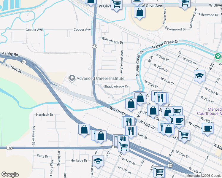 map of restaurants, bars, coffee shops, grocery stores, and more near 1948 Shadowbrook Drive in Merced