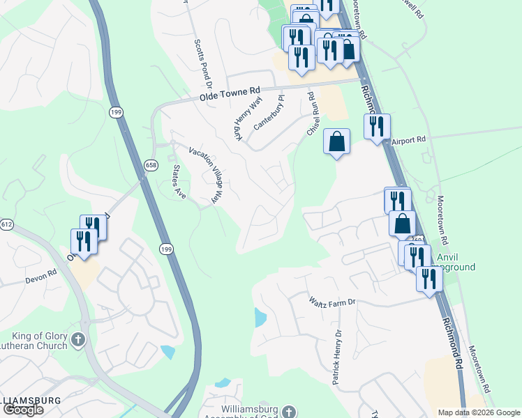 map of restaurants, bars, coffee shops, grocery stores, and more near 5311 Gardner Court in Williamsburg