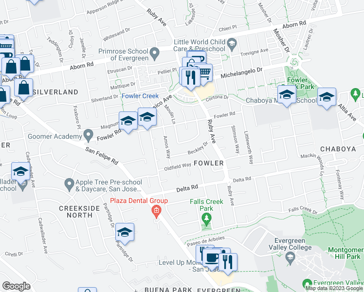 map of restaurants, bars, coffee shops, grocery stores, and more near 4091 Beebe Circle in San Jose