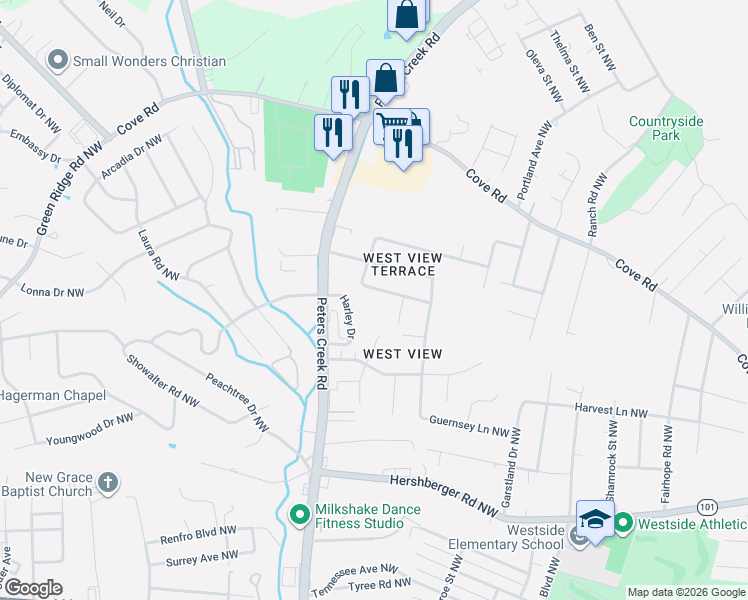 map of restaurants, bars, coffee shops, grocery stores, and more near 4334 Tellico Rd NW in Roanoke