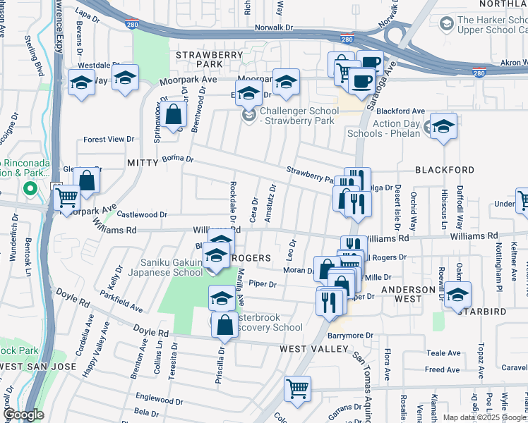 map of restaurants, bars, coffee shops, grocery stores, and more near 983 Amstutz Drive in San Jose
