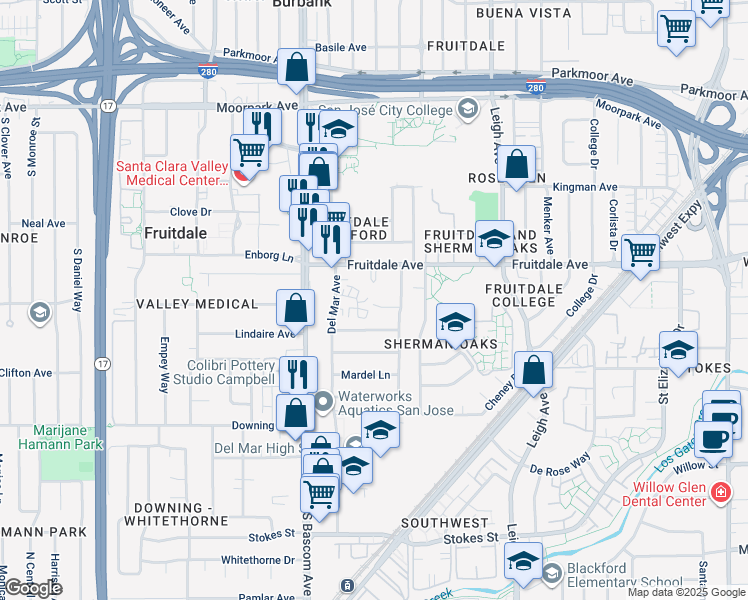map of restaurants, bars, coffee shops, grocery stores, and more near 2041 Beatrice Court in San Jose