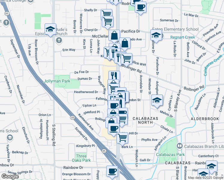 map of restaurants, bars, coffee shops, grocery stores, and more near 1009 South De Anza Boulevard in San Jose