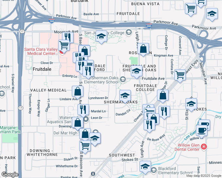 map of restaurants, bars, coffee shops, grocery stores, and more near 936 Princess Anne Drive in San Jose
