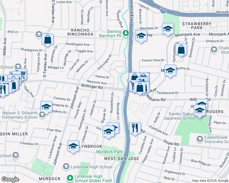 map of restaurants, bars, coffee shops, grocery stores, and more near 5498 Bollinger Road in San Jose
