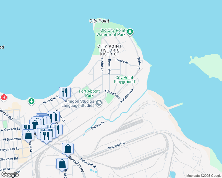 map of restaurants, bars, coffee shops, grocery stores, and more near 303 Brown Avenue in Hopewell