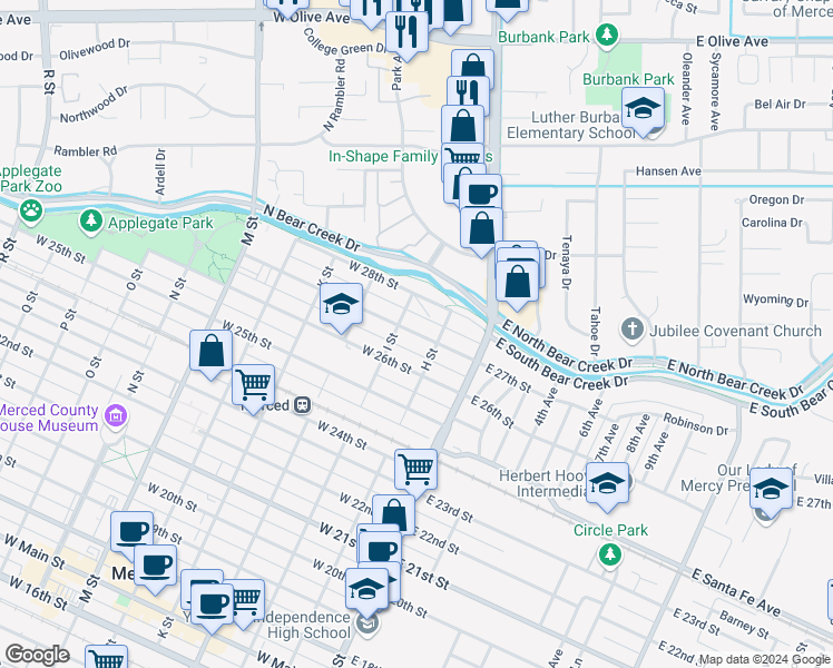 map of restaurants, bars, coffee shops, grocery stores, and more near 144 West 27th Street in Merced