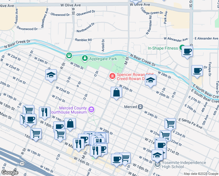 map of restaurants, bars, coffee shops, grocery stores, and more near 635 West Santa Fe Avenue in Merced