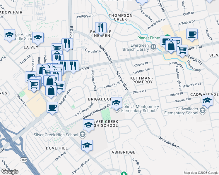 map of restaurants, bars, coffee shops, grocery stores, and more near 2007 Laddie Way in San Jose