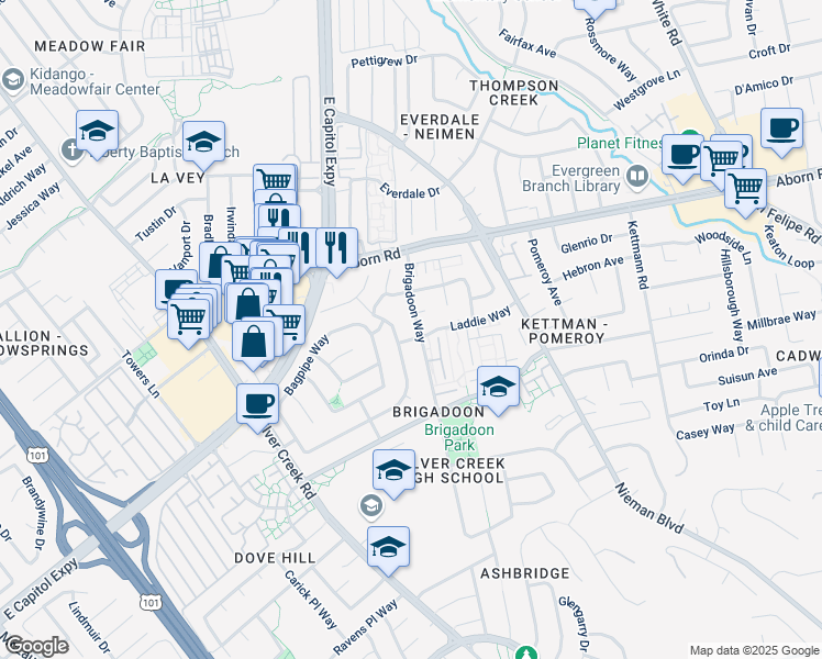 map of restaurants, bars, coffee shops, grocery stores, and more near 3259 Brigadoon Way in San Jose
