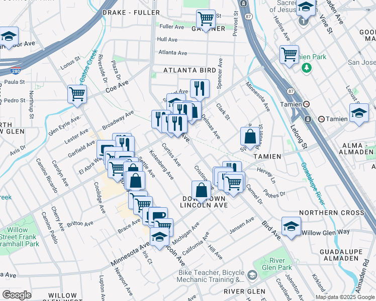 map of restaurants, bars, coffee shops, grocery stores, and more near 1197 Bird Avenue in San Jose