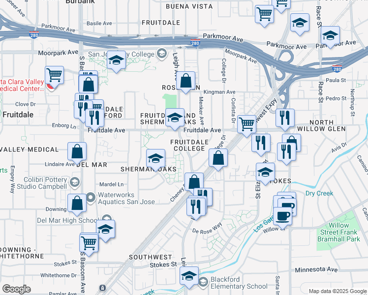 map of restaurants, bars, coffee shops, grocery stores, and more near 935 Willowleaf Drive in San Jose
