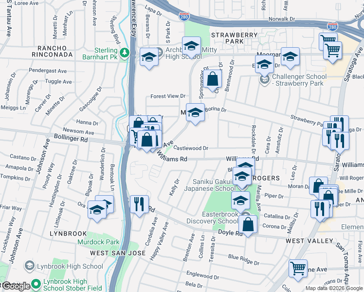 map of restaurants, bars, coffee shops, grocery stores, and more near 5098 Moorpark Avenue in San Jose