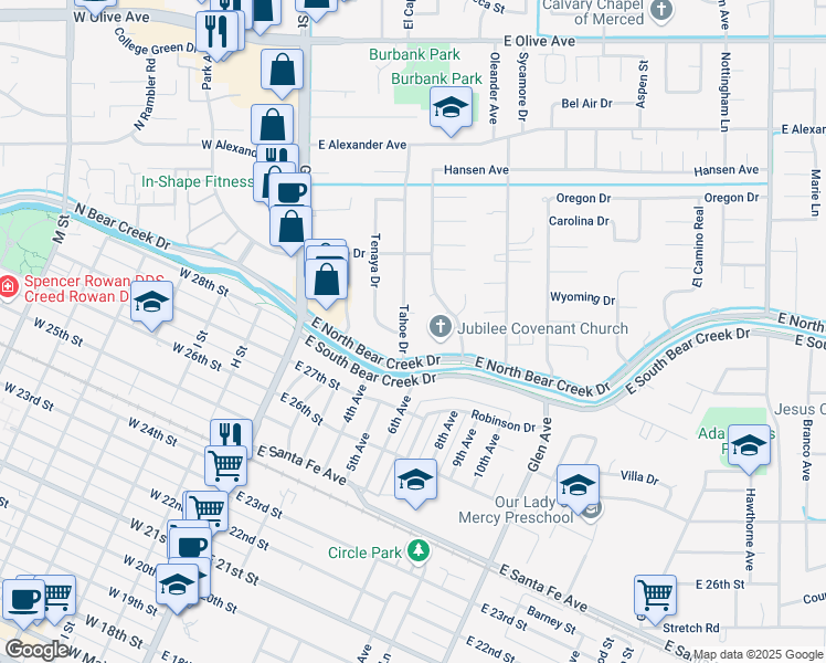 map of restaurants, bars, coffee shops, grocery stores, and more near 2810 Tahoe Dr in Merced