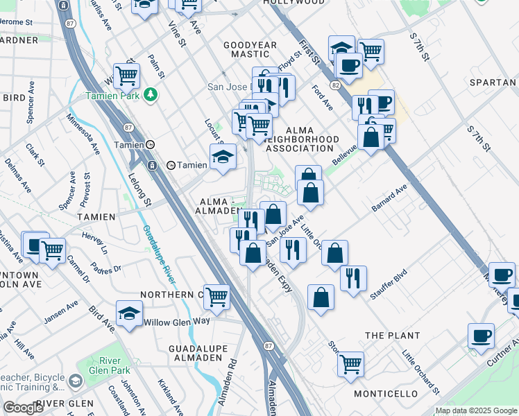 map of restaurants, bars, coffee shops, grocery stores, and more near 1515 La Rossa Circle in San Jose