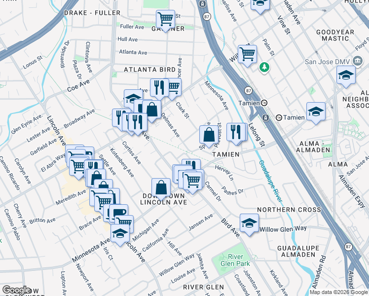 map of restaurants, bars, coffee shops, grocery stores, and more near 1269 Delmas Avenue in San Jose