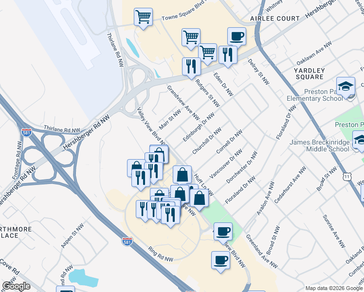 map of restaurants, bars, coffee shops, grocery stores, and more near 2417 Edinburgh Drive Northwest in Roanoke