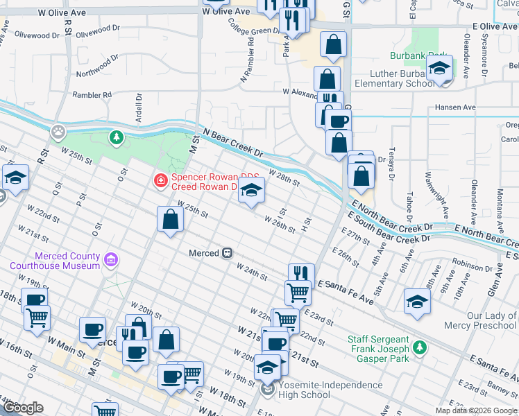 map of restaurants, bars, coffee shops, grocery stores, and more near 305 West 26th Street in Merced