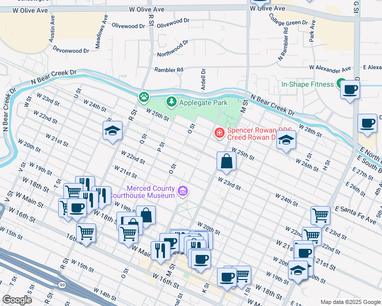 map of restaurants, bars, coffee shops, grocery stores, and more near 2341 N Street in Merced