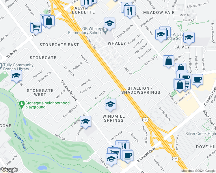 map of restaurants, bars, coffee shops, grocery stores, and more near in San Jose
