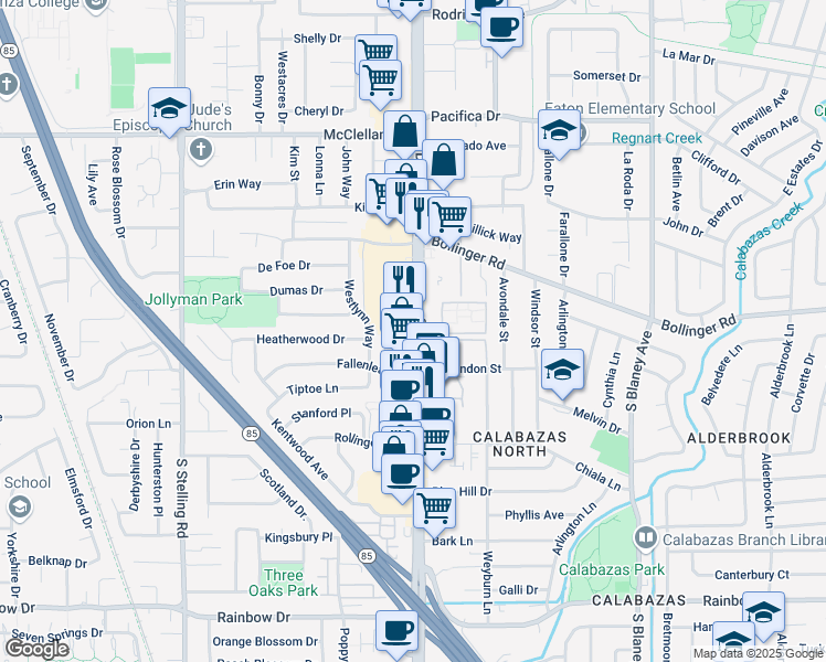map of restaurants, bars, coffee shops, grocery stores, and more near 1009 South De Anza Boulevard in San Jose