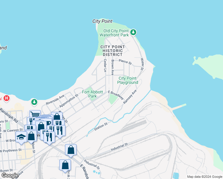 map of restaurants, bars, coffee shops, grocery stores, and more near 302 Brown Avenue in Hopewell