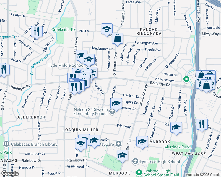 map of restaurants, bars, coffee shops, grocery stores, and more near 1024 Tulipan Drive in San Jose