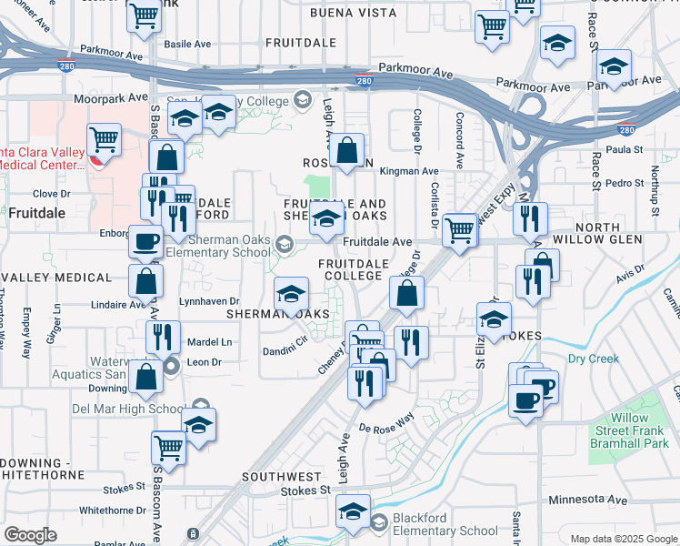 map of restaurants, bars, coffee shops, grocery stores, and more near 959 Willowleaf Drive in San Jose