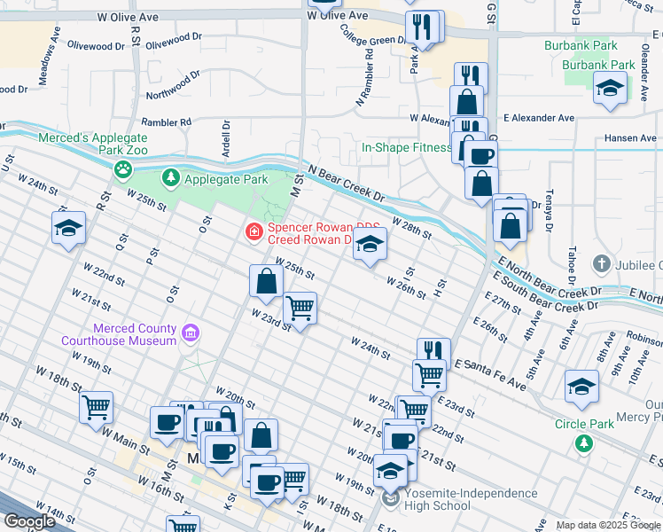 map of restaurants, bars, coffee shops, grocery stores, and more near 2527 K Street in Merced