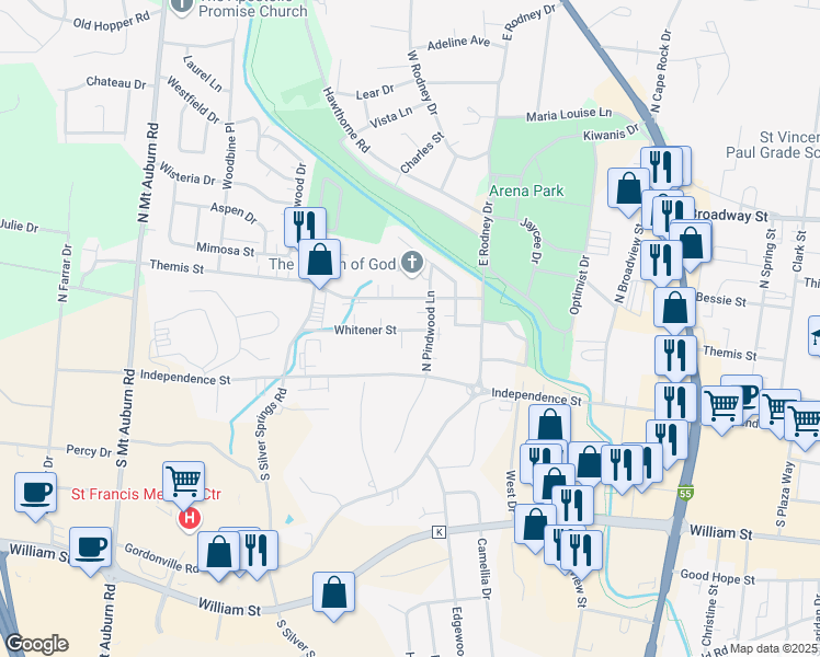 map of restaurants, bars, coffee shops, grocery stores, and more near 2818 Whitener Street in Cape Girardeau