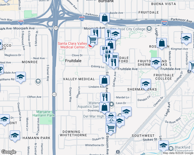 map of restaurants, bars, coffee shops, grocery stores, and more near 2261 Maywood Avenue in San Jose
