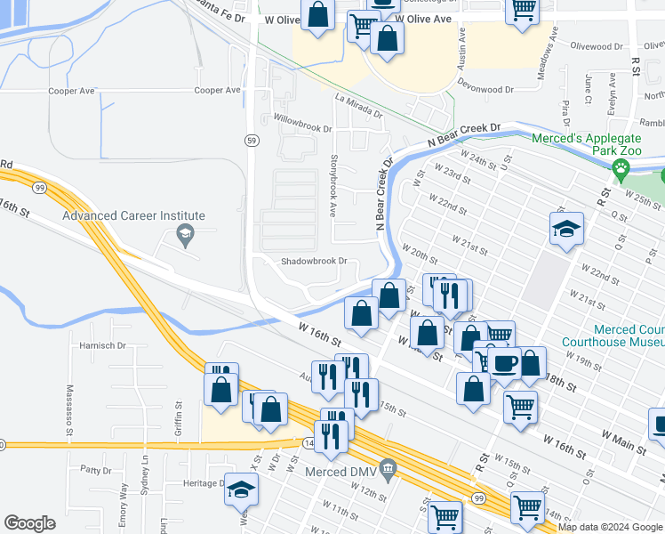 map of restaurants, bars, coffee shops, grocery stores, and more near 1862 Shadowbrook Drive in Merced
