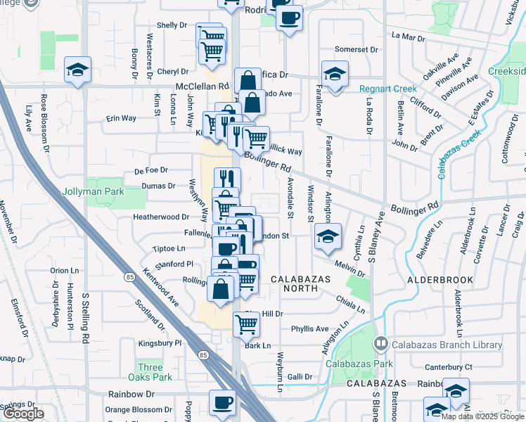 map of restaurants, bars, coffee shops, grocery stores, and more near 7270 Ventana Place in San Jose
