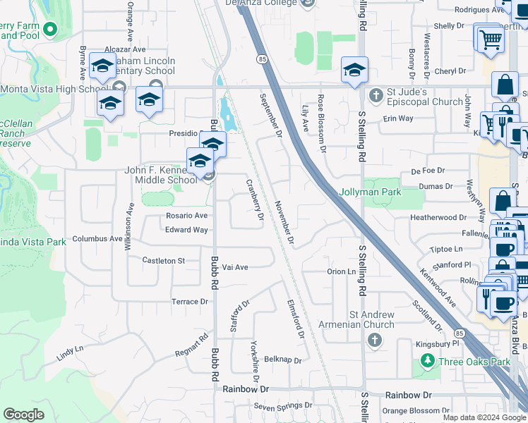 map of restaurants, bars, coffee shops, grocery stores, and more near 1026 Cranberry Drive in Cupertino