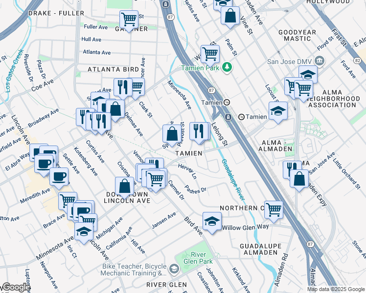 map of restaurants, bars, coffee shops, grocery stores, and more near 1374 Prevost Street in San Jose
