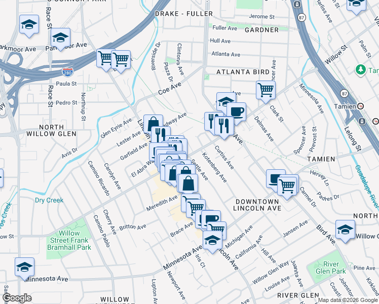map of restaurants, bars, coffee shops, grocery stores, and more near 1089 Merle Avenue in San Jose