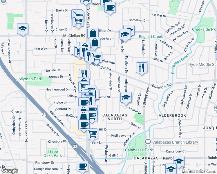 map of restaurants, bars, coffee shops, grocery stores, and more near 1027 Avondale Street in San Jose