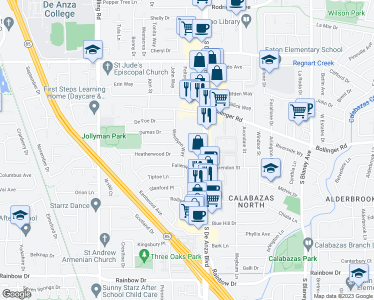 map of restaurants, bars, coffee shops, grocery stores, and more near 1024 Westlynn Way in Cupertino