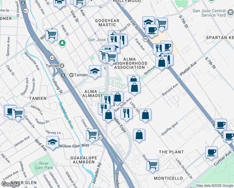map of restaurants, bars, coffee shops, grocery stores, and more near 1640 La Rossa Circle in San Jose