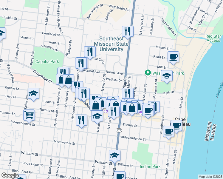 map of restaurants, bars, coffee shops, grocery stores, and more near 801 North Street in Cape Girardeau